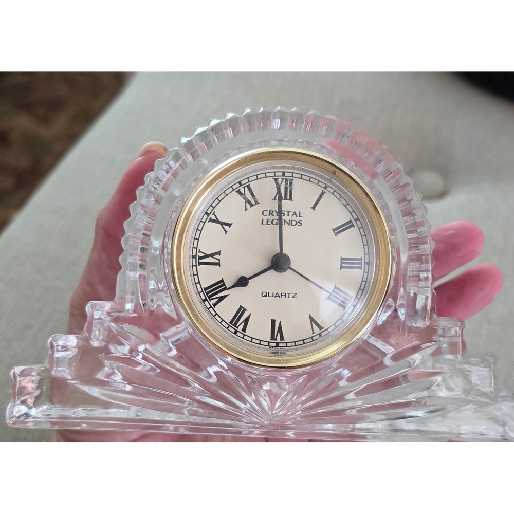 Crystal Legends Godinger Lead Crystal Desk Clock Roman Numeral Quartz Gold Tone